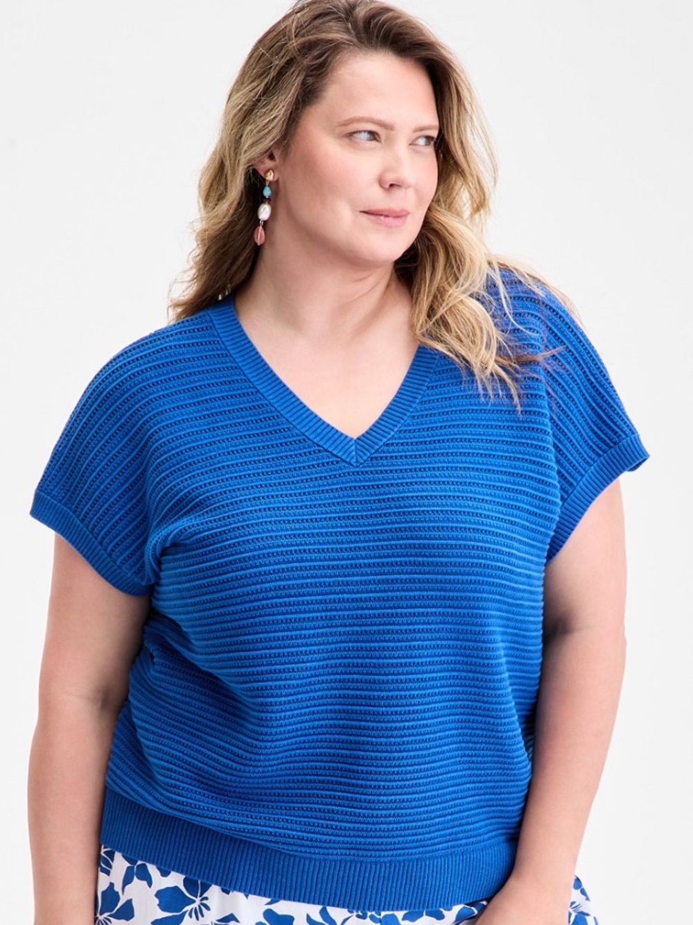 Plus Size  Blue V-Neck Dolman Sleeve Blouse Top Short Sleeve Sweater Preppy